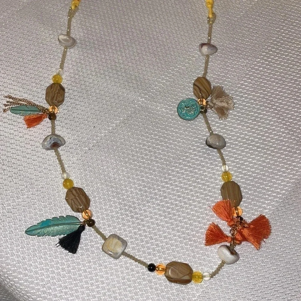 Women’s necklace Boho bouquet long charm chord stone feather handmade yellow tan